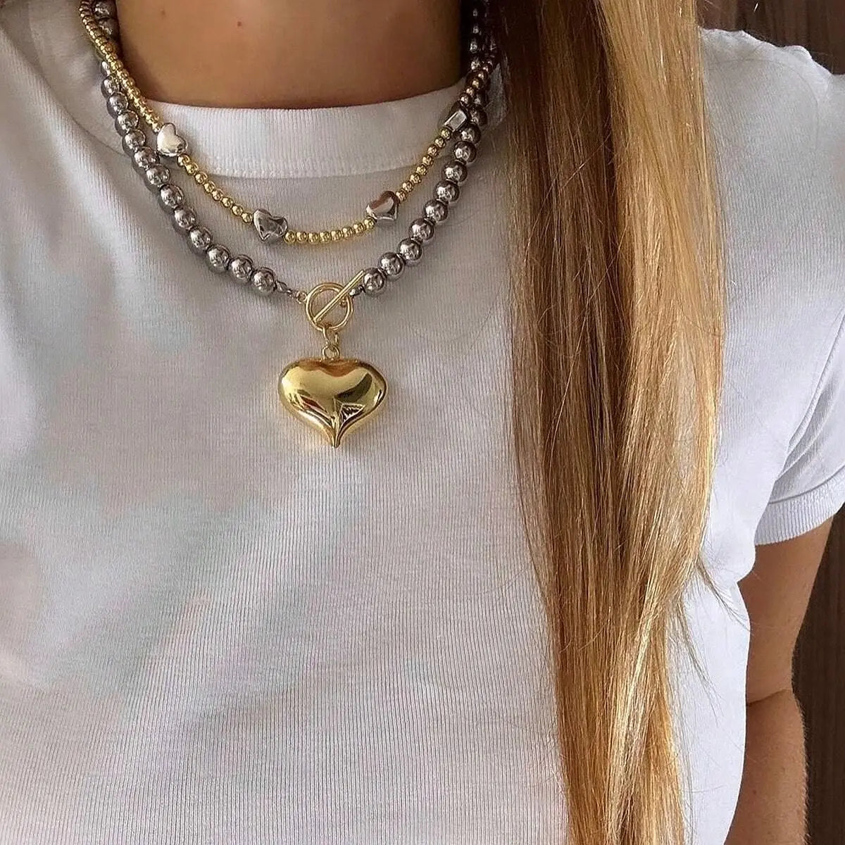 Stainless Steel Heart & Bead Toggle Necklace
