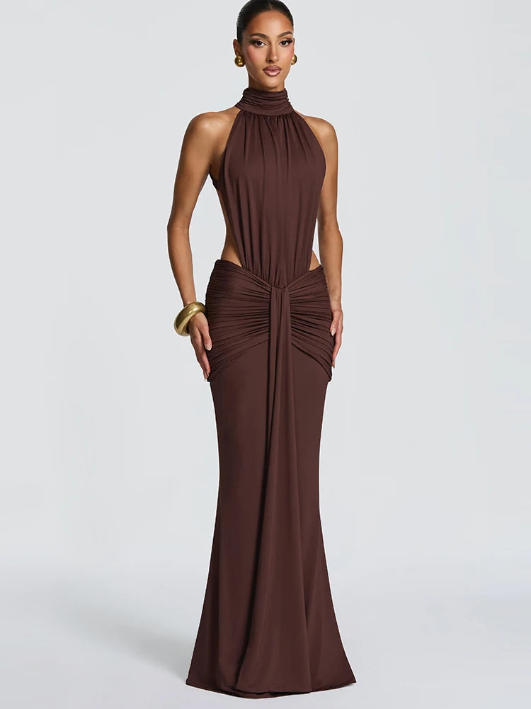 Sibybo Sexy Backless Bodycon Elegant Maxi Dress Women Fashion Sleeveless Half High Collar Draped Ruched Evening Party Dresses