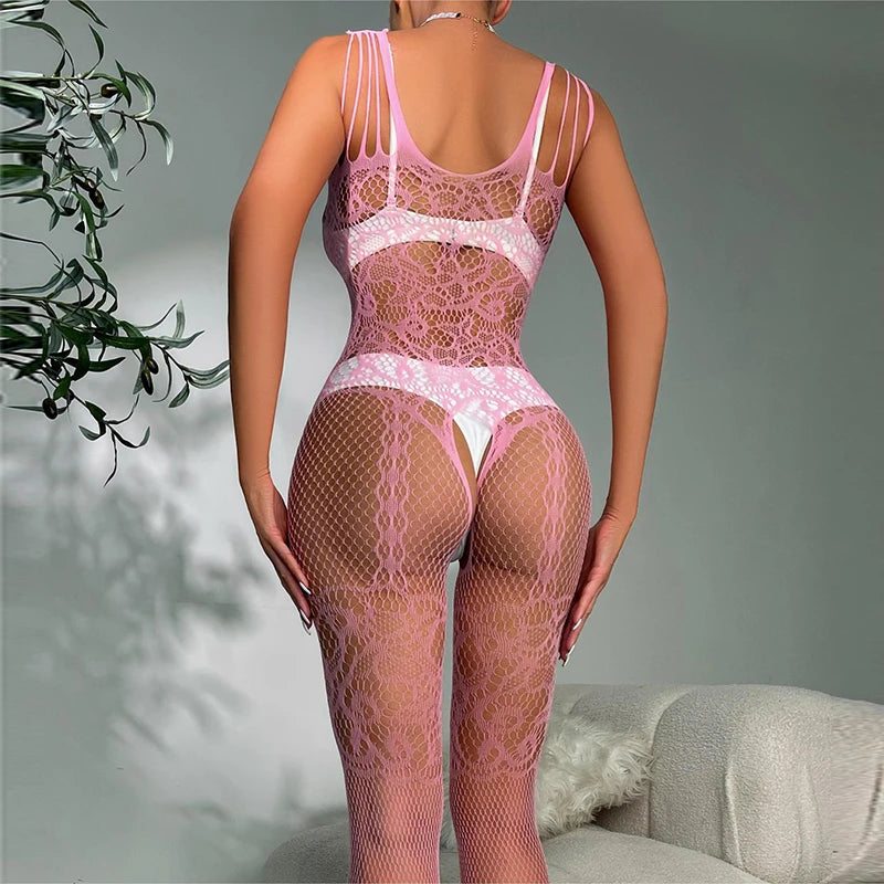 Women's Blue Fishnet Crotchless Bodystocking