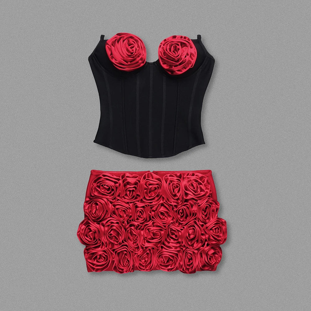 Sexy Two Pieces Set Black Strapless Corset Top with Red Rose Details & Rose - Embellished Mini Skirt Set-Evening & Party Outfit
