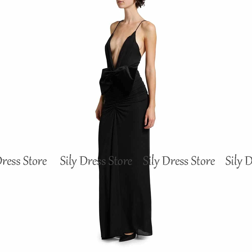 2025 Sexy Evening Dresses Spandex Sheath/Column Party Dress Black Spaghetti Strap Bow Backless Special Occasion Dress Long