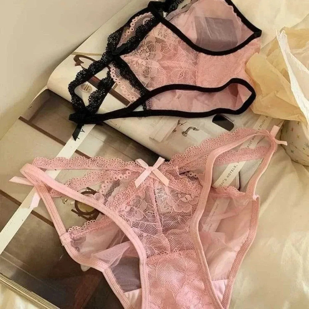Lingerie Bow Lace Flower Panties Seamless Mid Waist French Style Briefs Hollow Transparent Lace Mesh Briefs Lady