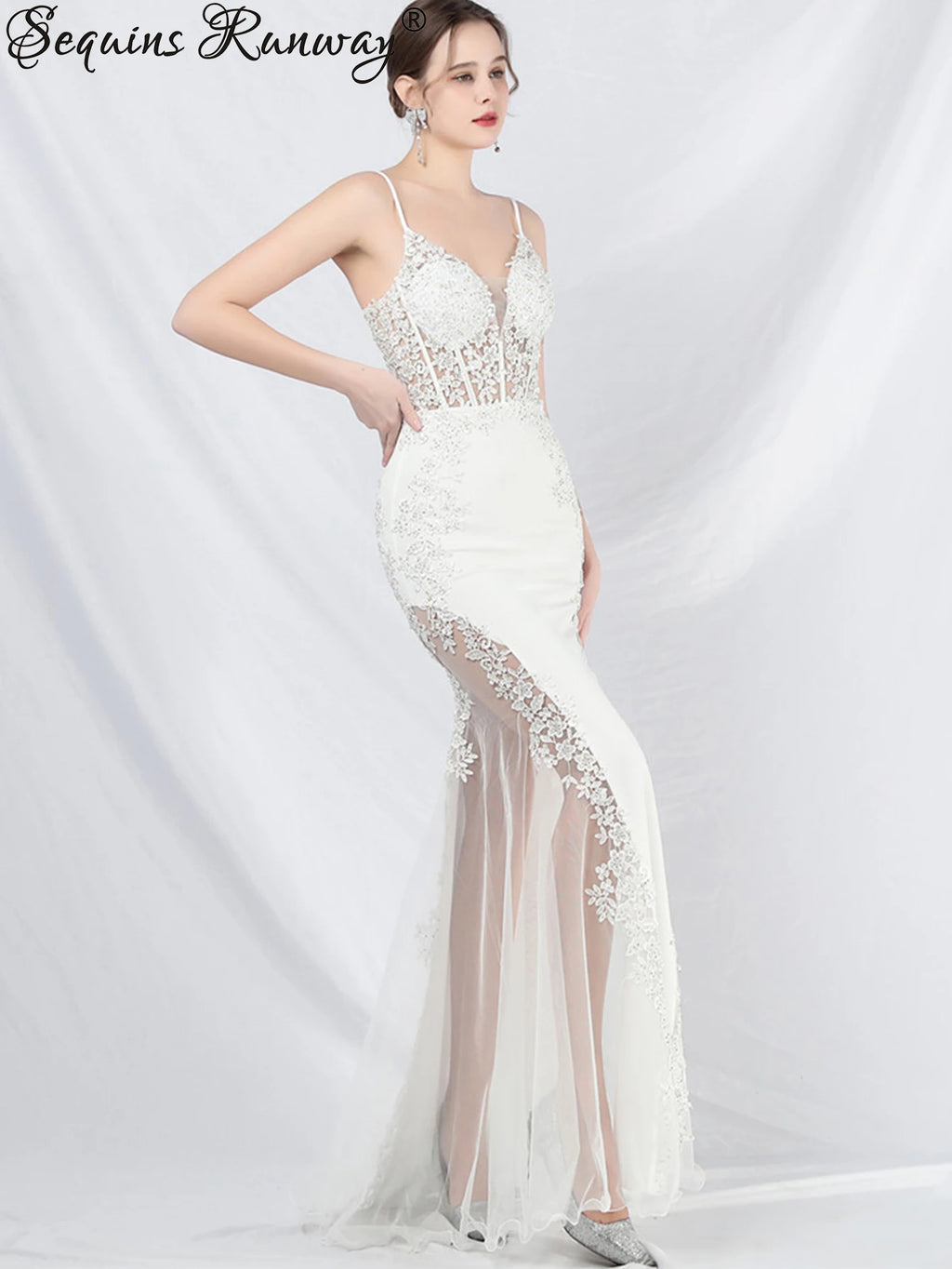 Women's Sheer Lace Mesh Maxi Evening Dress