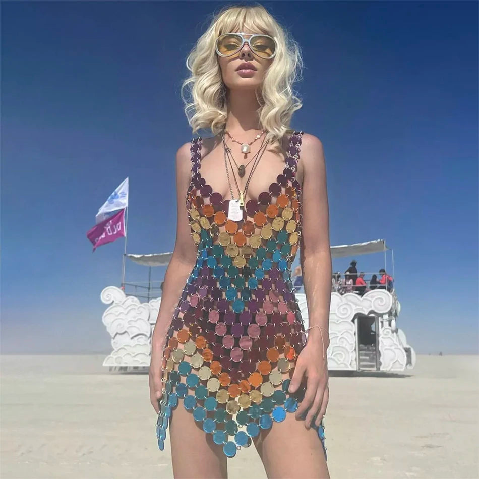 Sexy woman hollow V-neck open back low waist multi-color stitching mini acrylic sequins 2023 new motorcycle activities