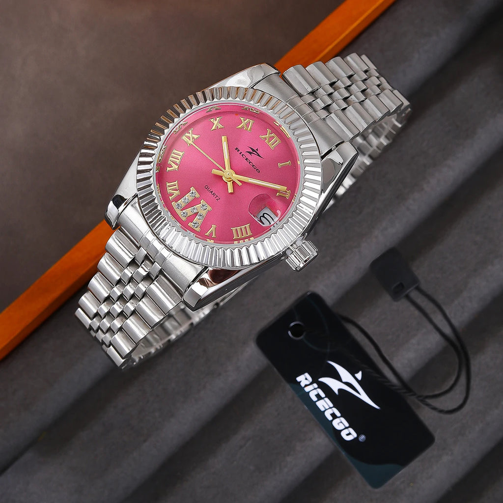 Women Watches Luxury Stainless Steel Business Fashion Classic Elegant Pink Dial Female Clock Bracelet Quartz Wristwatch
