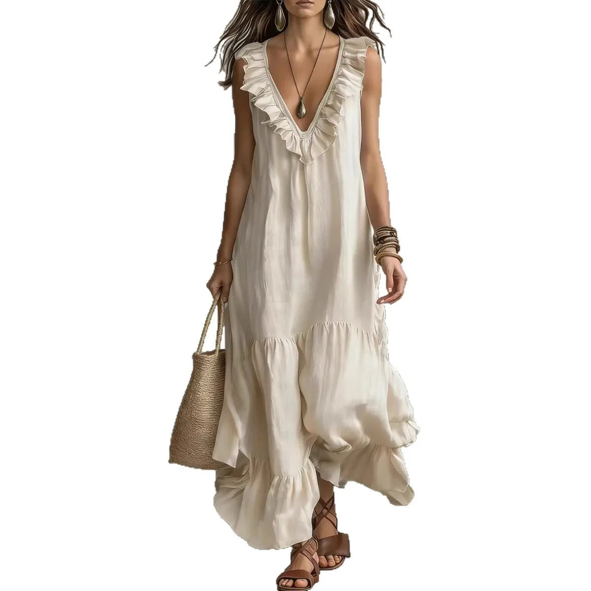 Women's Cotton-Linen V-Neck Ruffle Beach Dress