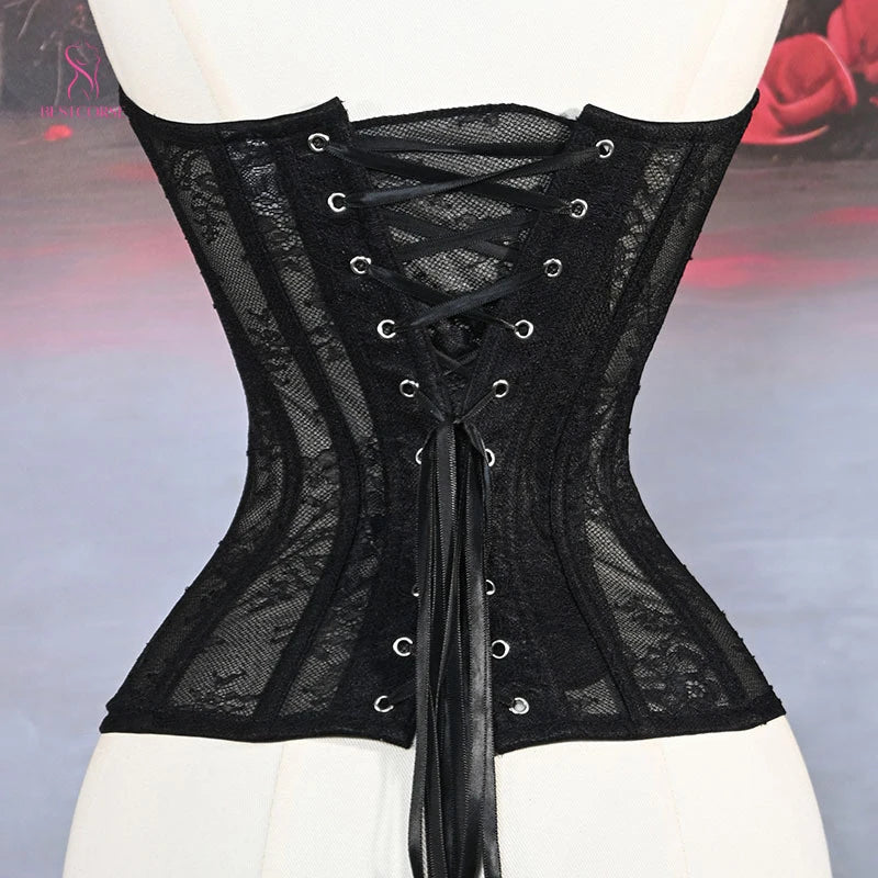 XXS Luxury Victorian Elegant Black Sexy Mesh Corset Tight Extreme Bustier Top With Cup Steel Bone Waist Cincher Sculpting Curve