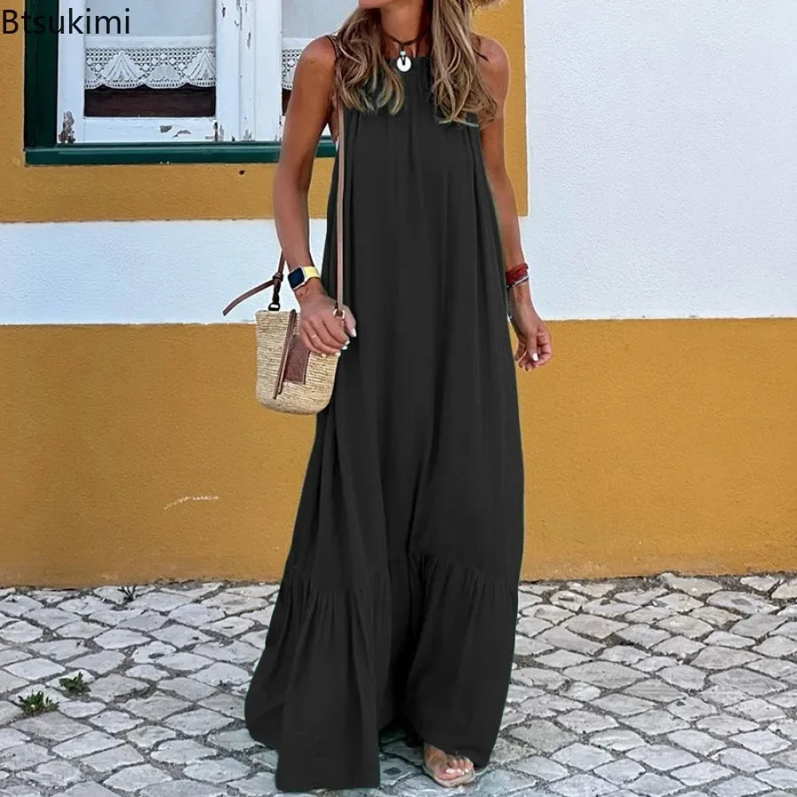 Summer New Dress for Women Sexy Solid Strap Dress Loose Backless Big Swing Beach Dresses Holiday Dresses for Women Wedding Guest