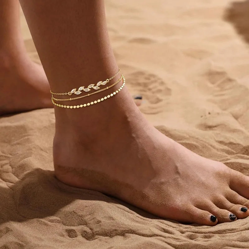 Ankle Bracelets for Women Girls Waterproof Boho 14K Gold Plated STAINLESS STEE Bead Satellite Layered  Anklets Set jewelry Gifts
