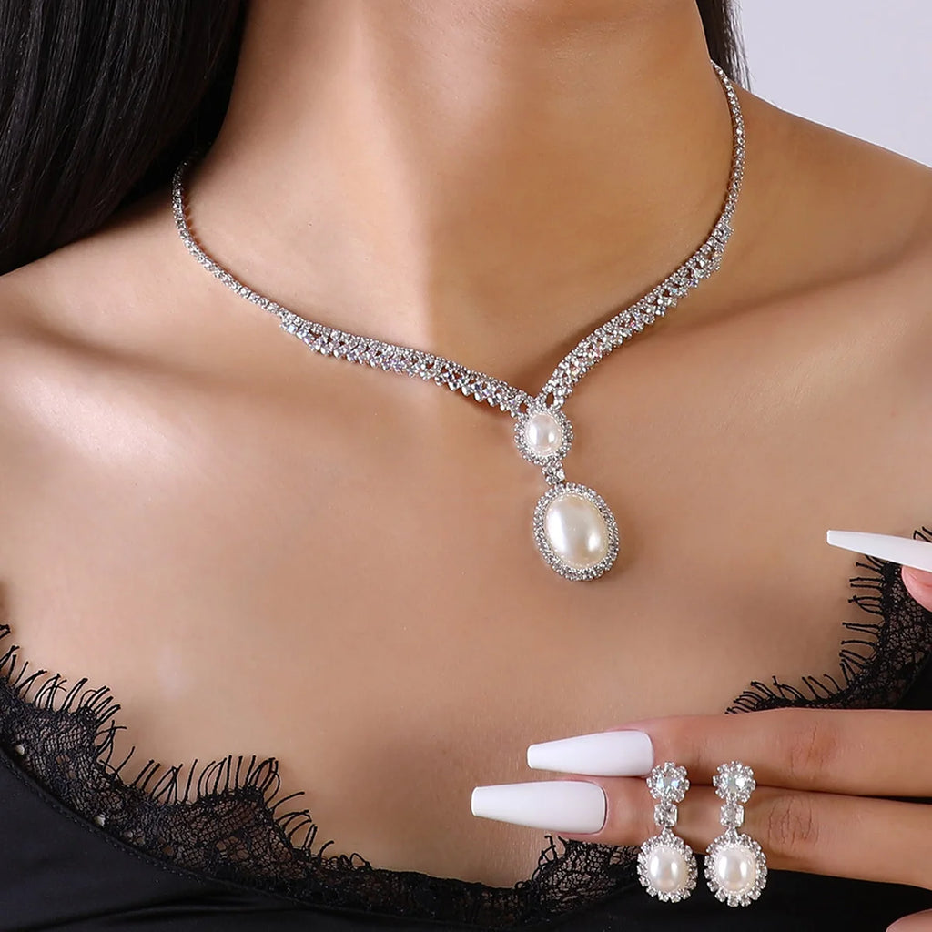 Jewelry wholesale fashion new necklace earrings bracelet set shiny bride jewelry set collarbone necklace