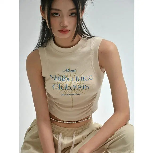 Y2K Letter Print Shirred Sleeveless Crop Top