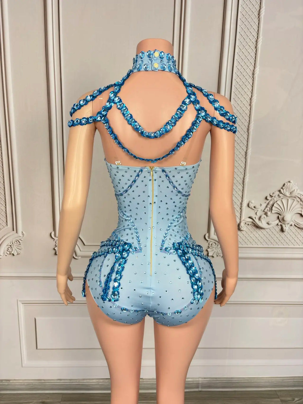 Sparkly Rhinestones Blue Sexy Elastic Bodysuit Women Dance Costume Nightclub Party Outfit Singer Stage  Performance Wear Tianlan