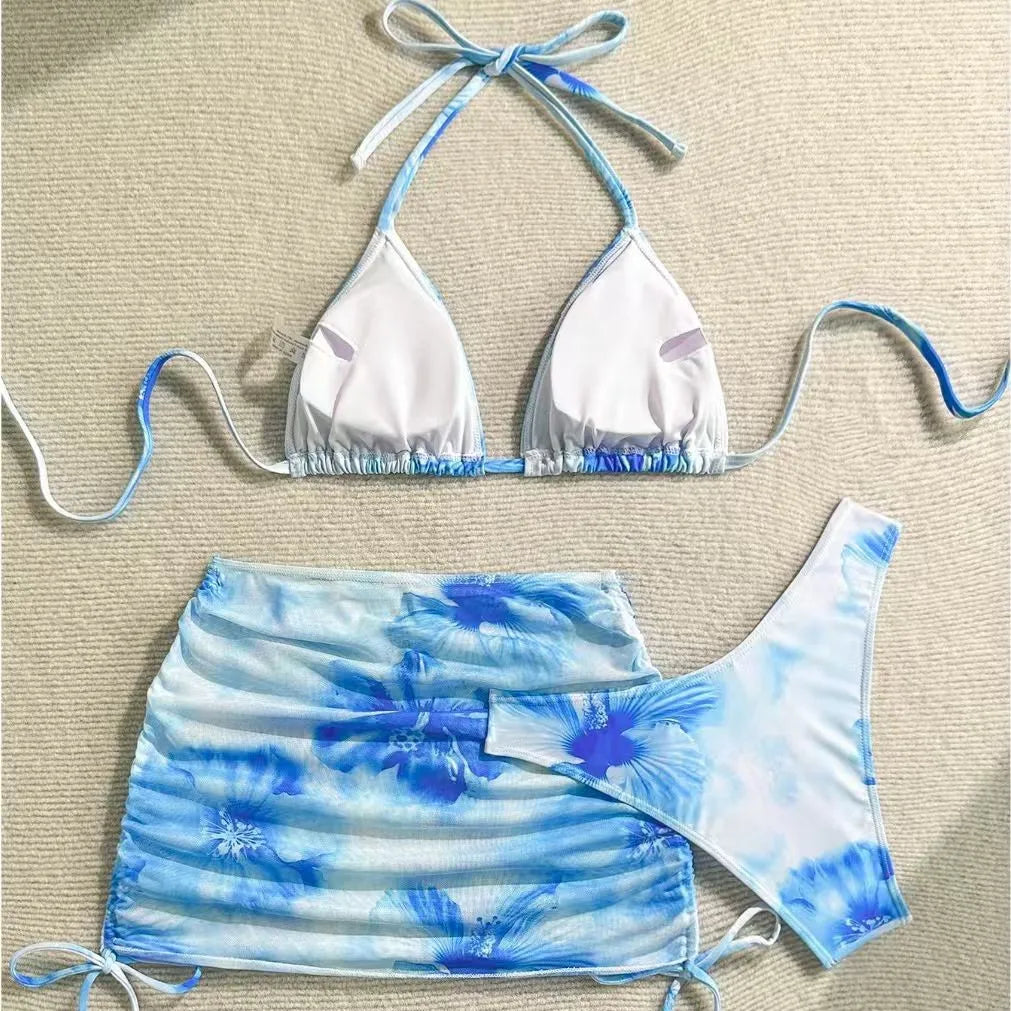 Sexy 3 Piece Bikini Set Women Printed Split Swimsuit Neck Strap Bathing Suit with Cover Up Skirt Swimwear Biquine Brasileiro