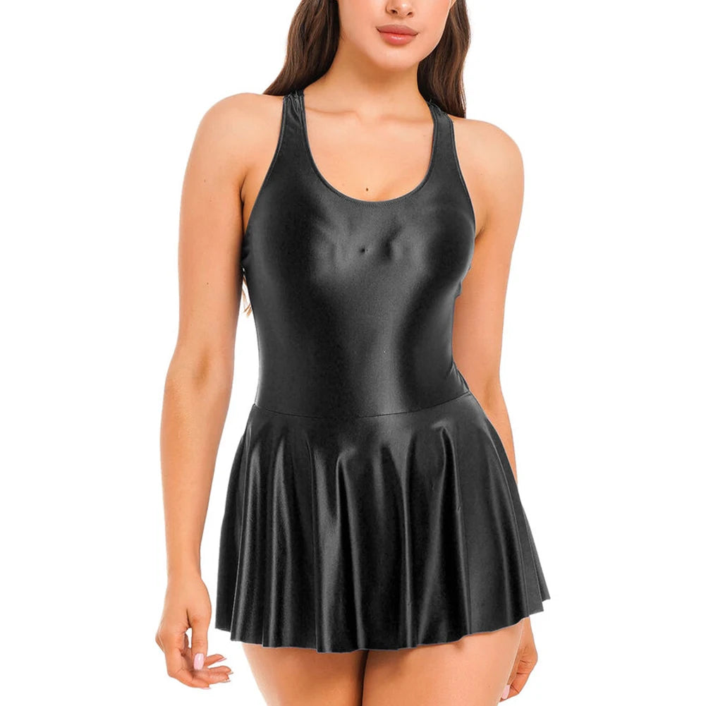 Women Dress Glossy Stretchy Sleeveless Pink Tank Dresses Solid Athletic Tennis Dress Black Swimwear Beachr Nightgown Pajamas