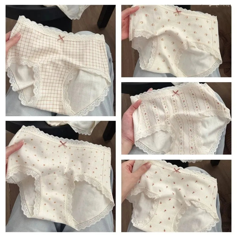 Lingerie Bow Floral Cotton Panties Stripe Polka Dot Underwear for Women Grid Lace Sweet Flower Briefs Lady