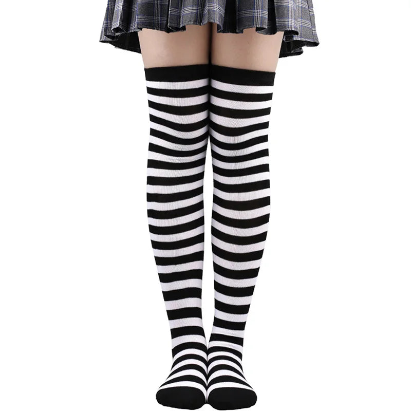 Women Thigh High Over The Knee Socks for Girl Black White Striped Hosiery Long Cotton Stockings Kawaii Knitted Leg Warmers Socks