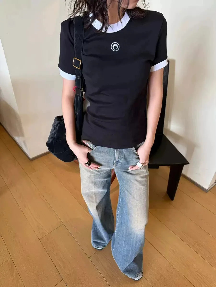 Embroidered Moon Tshirt Women Summer Short Sleeve Round Neck Color Contrast Casual Streetwear Versatile New High Street Tops