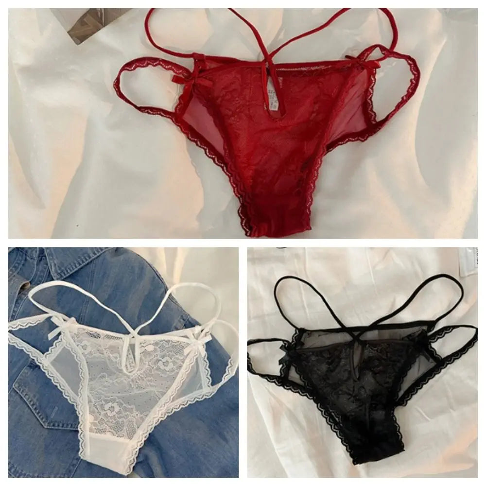 Lingerie Bow Lace Flower Panties Low Waist Hollow Lace Mesh Briefs Thin Strap Transparent Women Underwear Lady