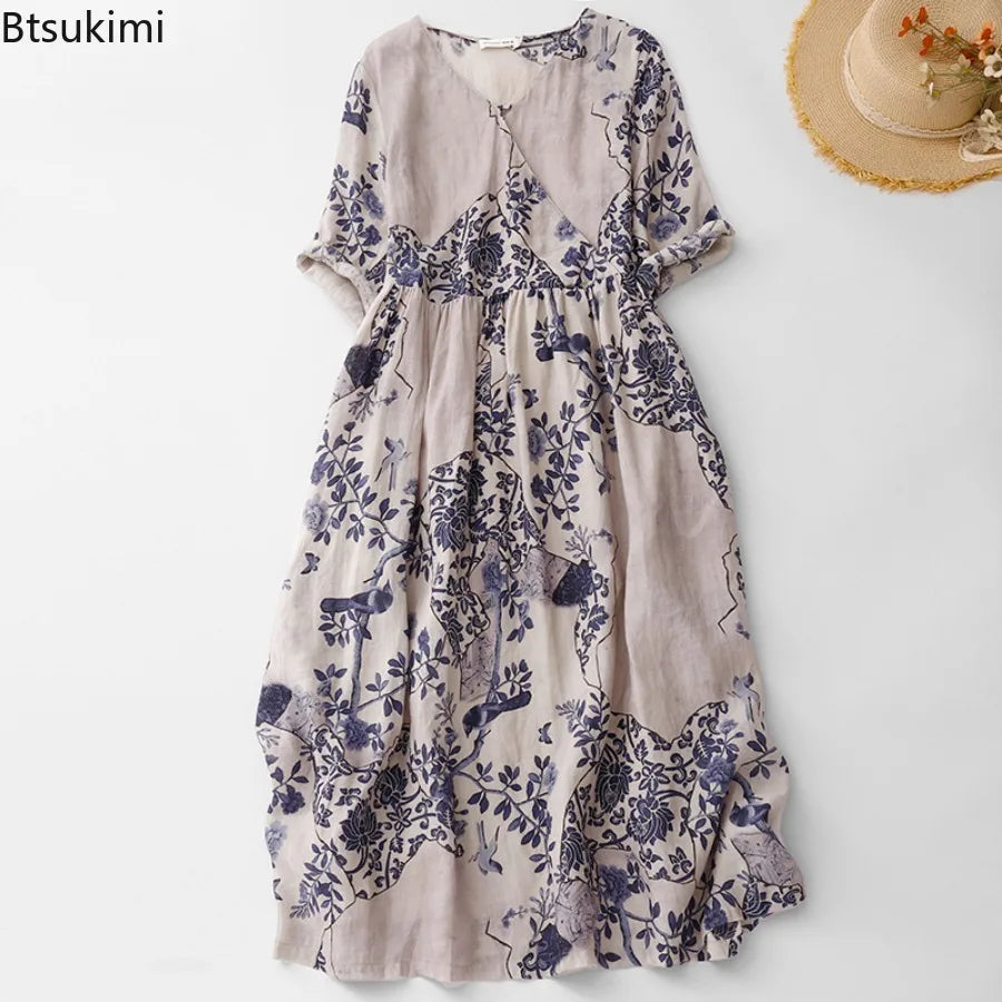 Summer Dresses for Women Retro Casual Loose Print V Neck Long Dress Comy Cotton Linen Pullover Robe Vestidos Women A-line Dress