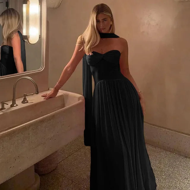 Sexy  Scarf Neck Off Shoulder Ruffles Long Dress Fashion Sleeveless High Waist Maxi Robe Women Party Evening Chic Gown
