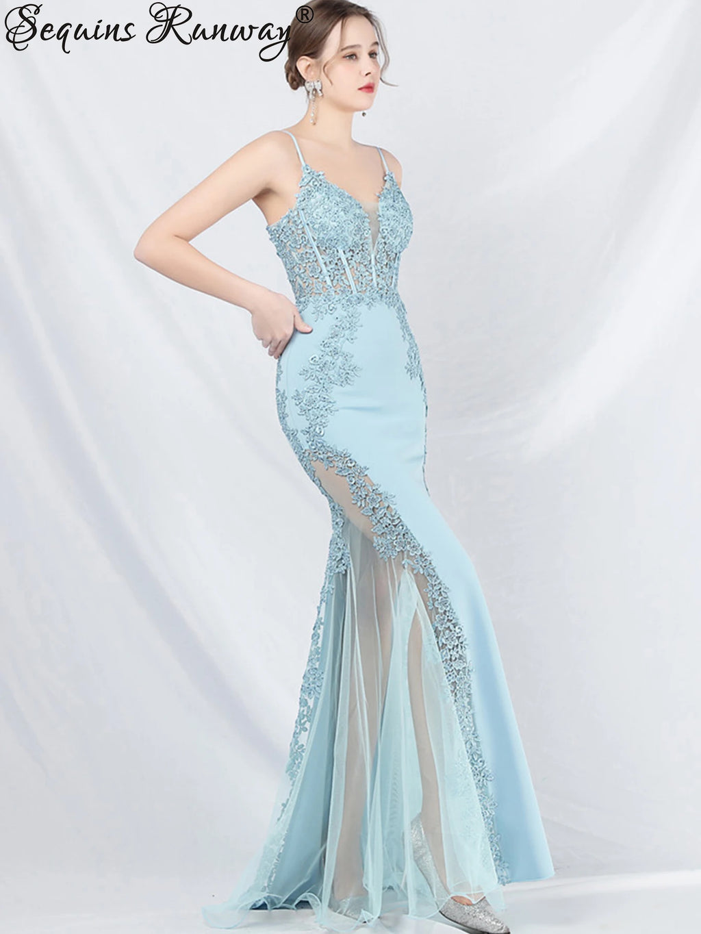 Women's Sheer Lace Mesh Maxi Evening Dress