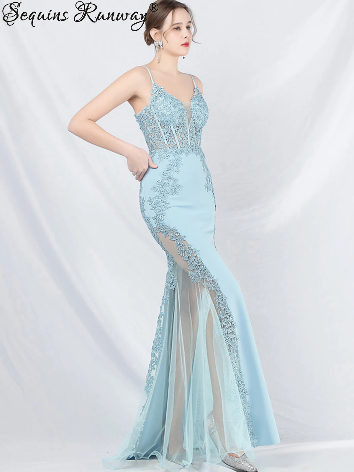Women's Sheer Lace Mesh Maxi Evening Dress