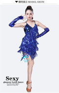 Women's Sequin Tassel Latin Dancing Dress Sexy Latin Dress Stage Performance Costumes V-Neck Backless Lace-up Mini Party Dress