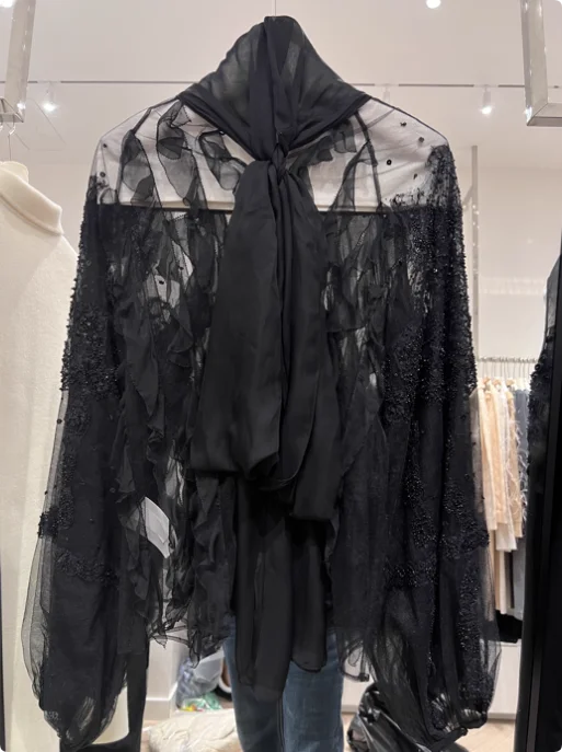 Sexy Ladies Transparent Shirt Fashion Women's Silk Blouse High Quality Summer Chiffon Shirt With Ruffles