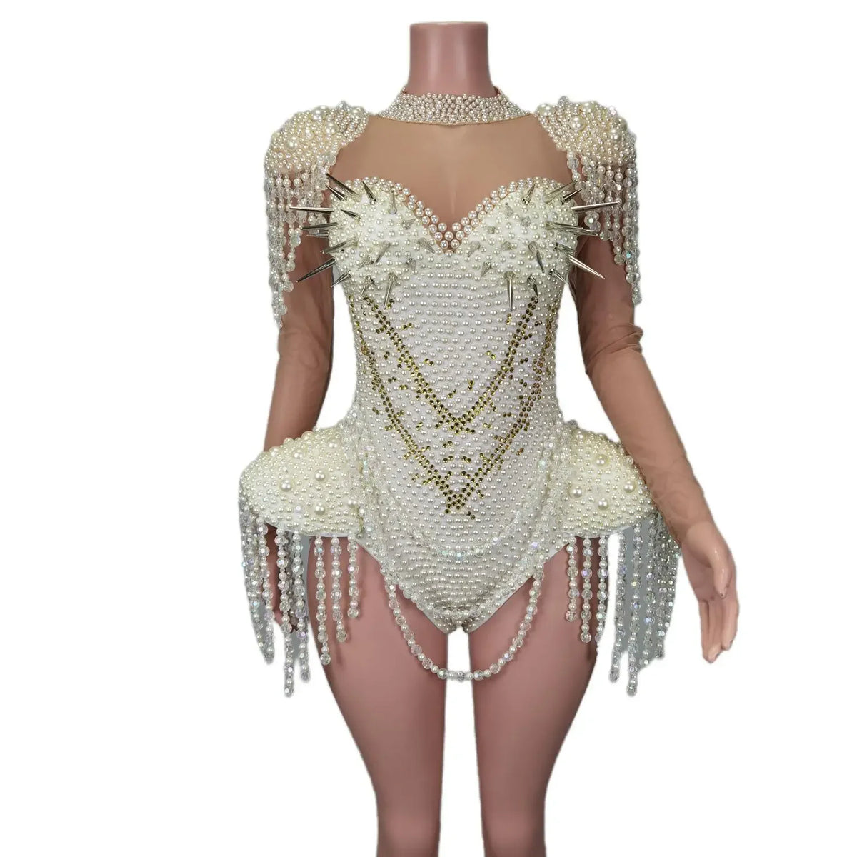 Women's White Pearl Tassel Rhinestone Stage Jumpsuit