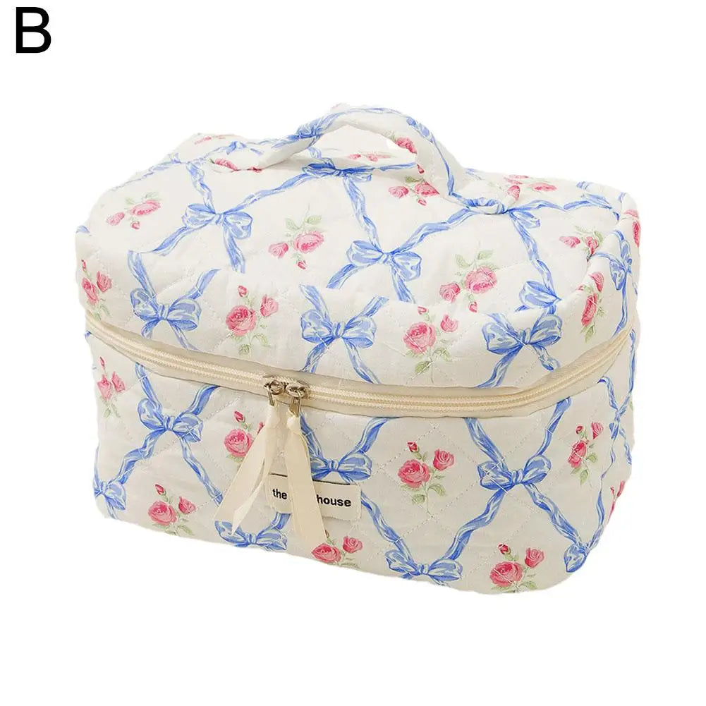 Quilted Bow Floral Makeup Bag