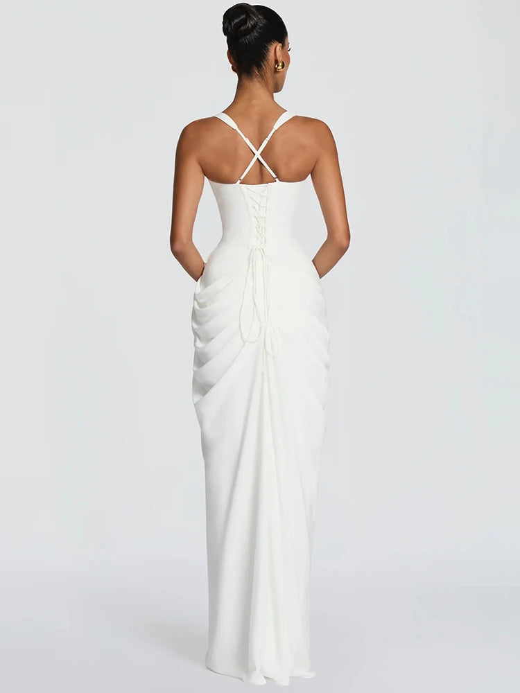 Mozision Women Sexy Maxi Dress Sleeveless Sweetheart Neck High Split Draped Ruched Long Party Dress Formal Wedding Guest Dress