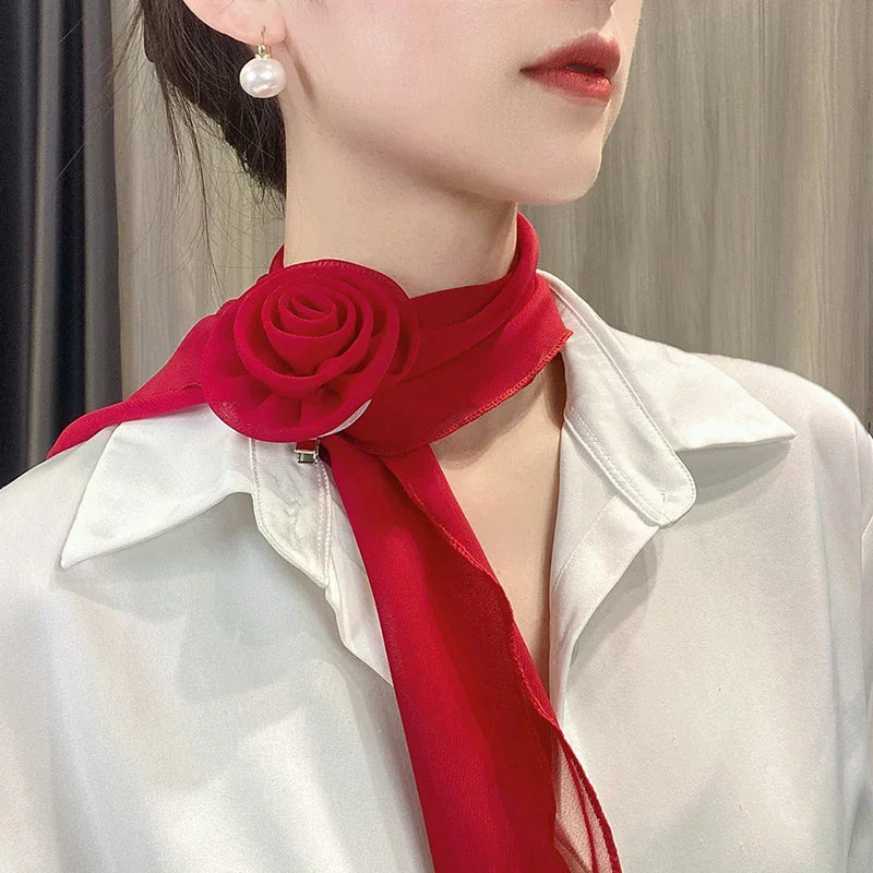 Fashion Rose Flower Silk Scarf Versatile Soft Neckerchief For Women Girls Temperament Long Ribbon Tie Scarf Office Clothes Gifts
