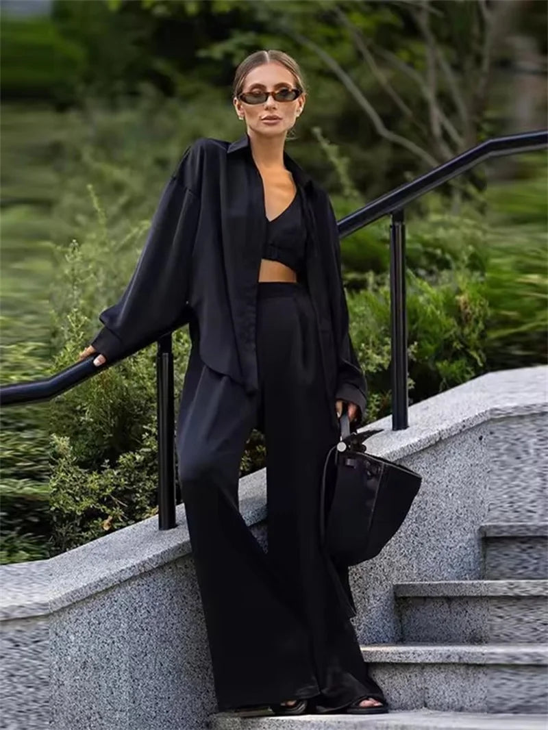 Sexy Loose Silk 3 Piece Sets Women Outfit 2025 Fashion Long Sleeve Shirts Bra With High Waist Wide Pants Set Lady