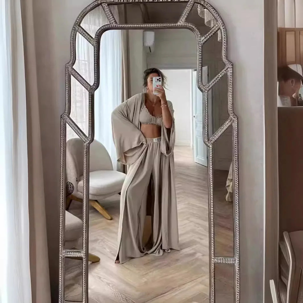 Sexy Loose 3 Piece Sets Women Outfit Fashion Long Sleeve Shirts Bra With High Waist Wide Pants Set Summer Lady Outfit 2026