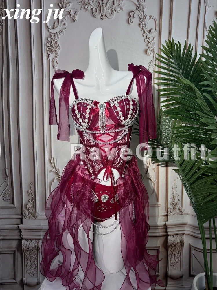 Xing Ju Sexy Temperament Pearl Diamond Fishbone Suspender Tops Shorts Singer Stage Party Outfits Women Nightclub Club Costumes
