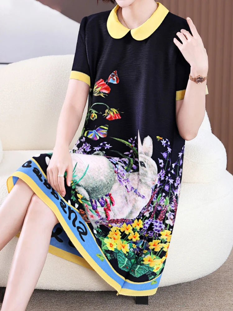 Summer short sleeved dress 2024 new pleated fashion print oversized women's black dress  vestidos de mujer