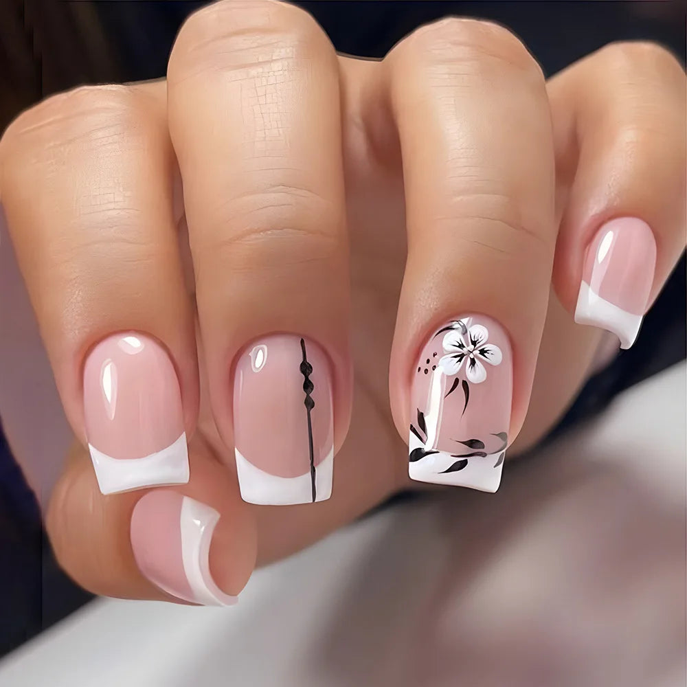 Pink Glitter French Short Square Press-On Nails