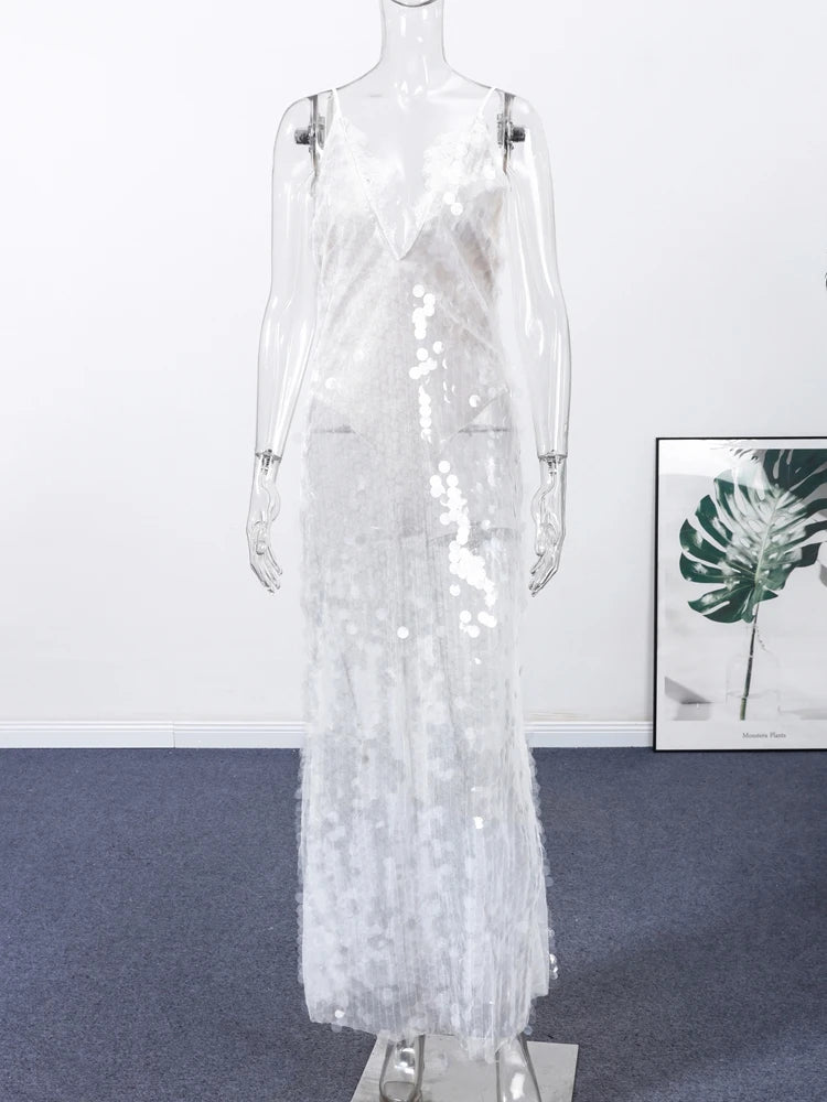 Sexy Sequin Mesh Long Dress Women Shiny Spaghetti Strap Deep V Neck See Through Bodycon Dresses 2026 Lady Holiday Beach Cover Up