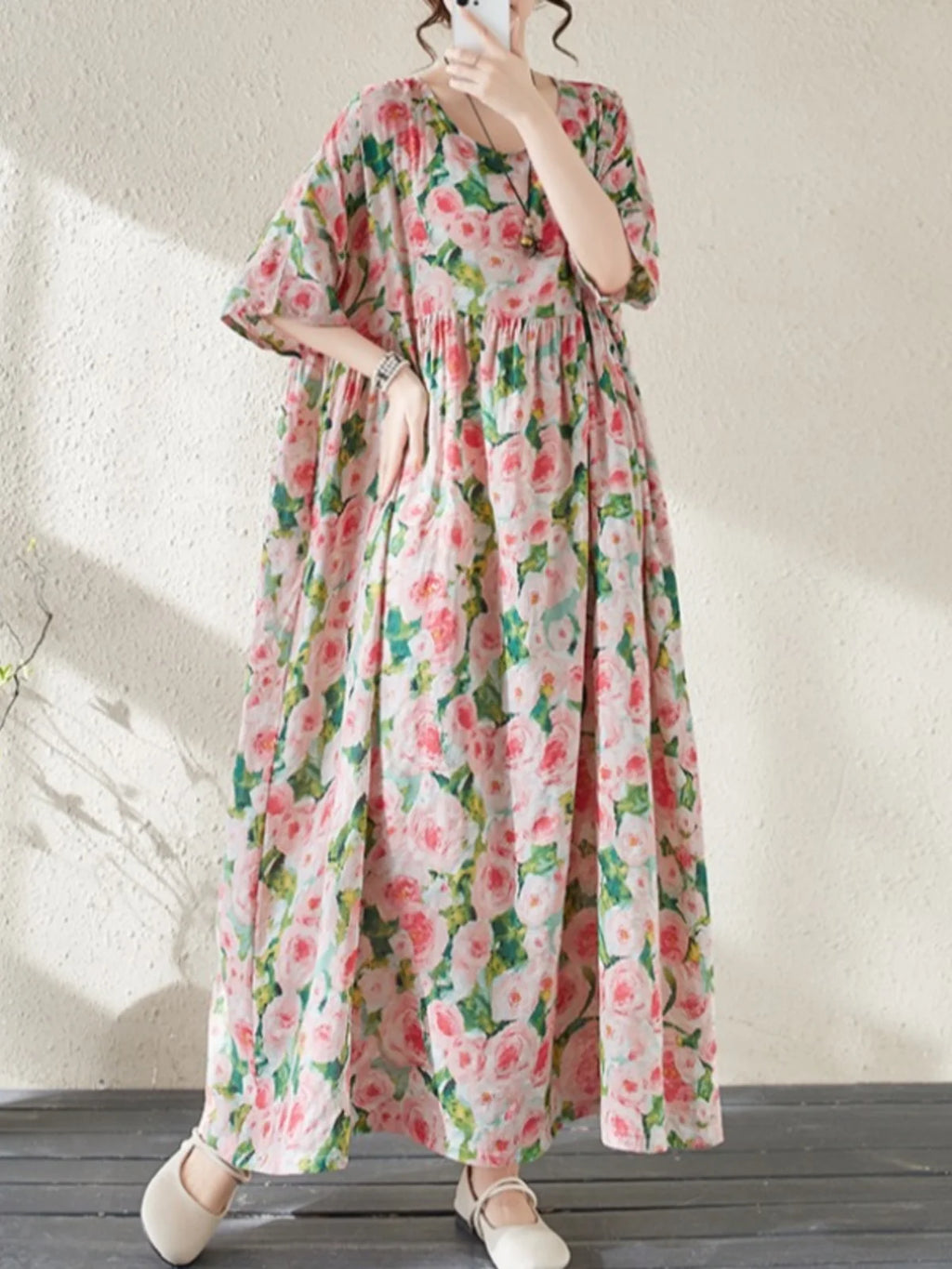 Summer Vacation Dress Women's Loose Midi Skirt Slimming A-Line Long Dress Commute Style round Neck Short Sleeve Casual Dress