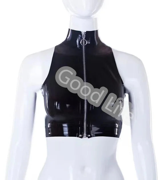 Sexy Natural Latex Crop Top  Latex Rubber Black Top With Front Zipper Rubber Fashion Sexy Vest