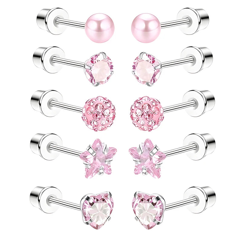 5-Pair Pink Heart & Star Stud Earring Set