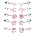 5-Pair Pink Heart & Star Stud Earring Set