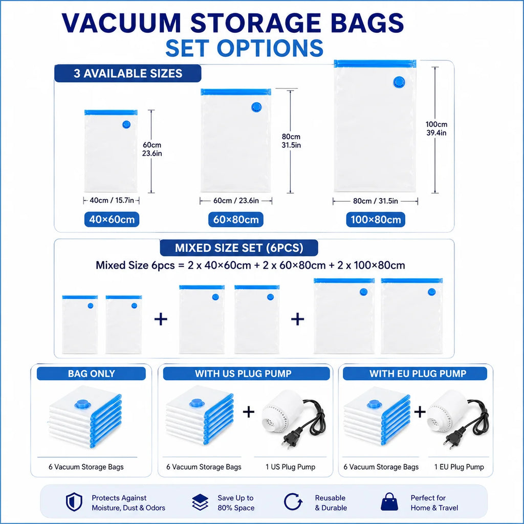Vacuum Storage Bags for Clothes Space Saver Compression Bags Mixed Size Travel Organizer with Optional Electric Pump