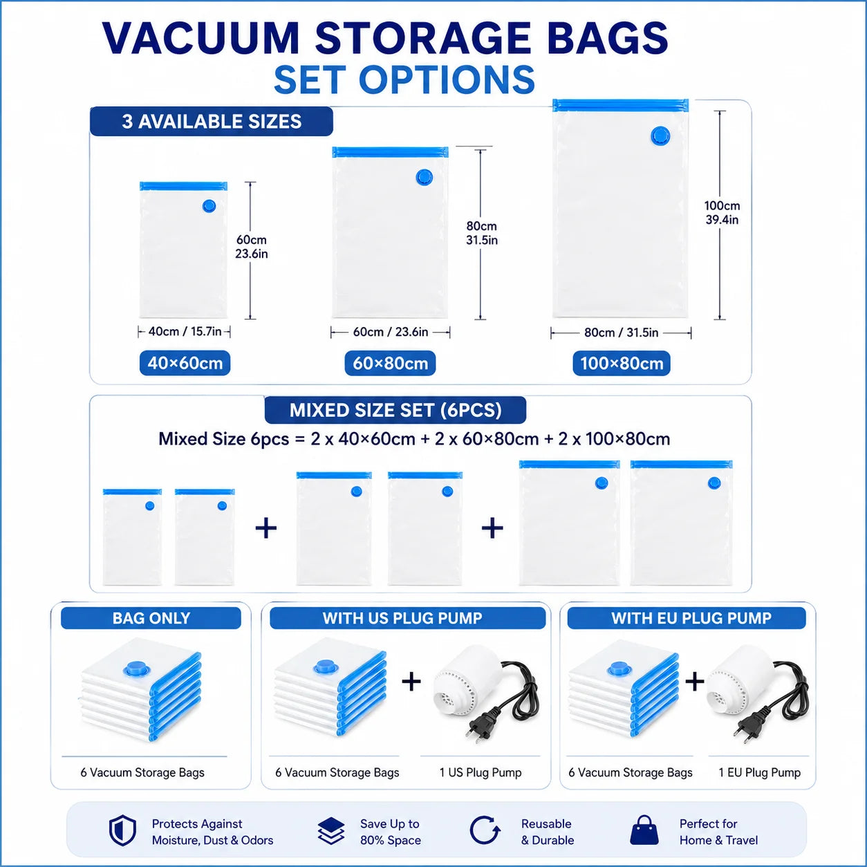 Vacuum Storage Bags for Clothes Space Saver Compression Bags Mixed Size Travel Organizer with Optional Electric Pump