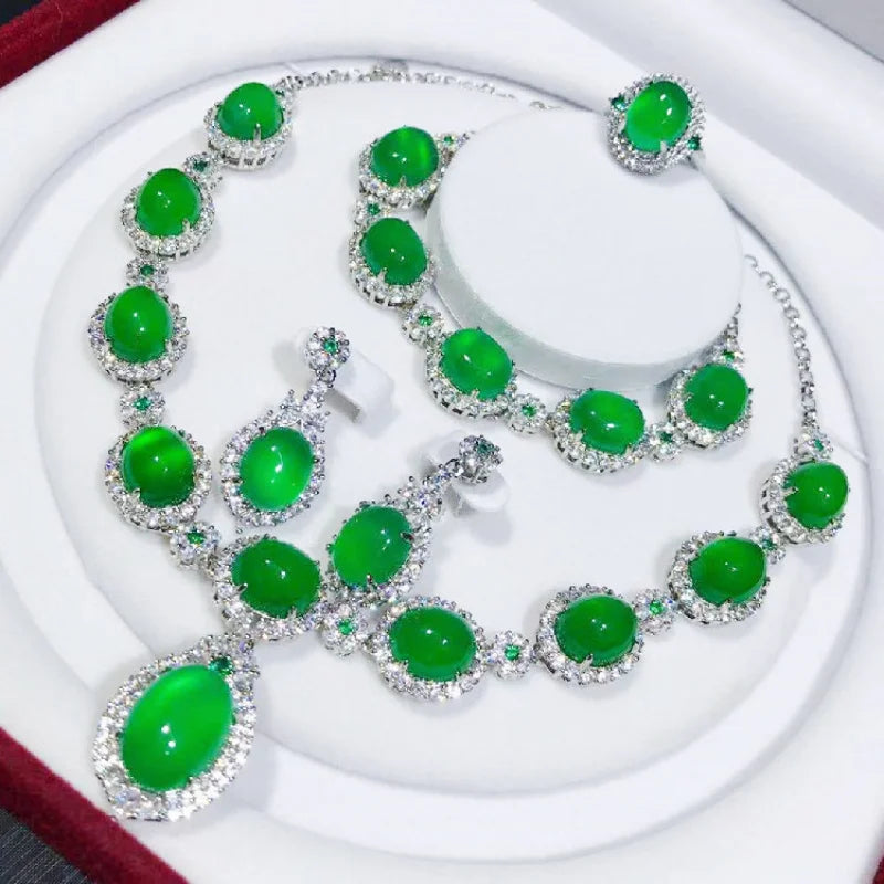 Handmade Jade Diamond Jewelry set 925 Sterling Silver Wedding Ring Earring Necklace Bracelet For Women Bridal Engagement Jewelry