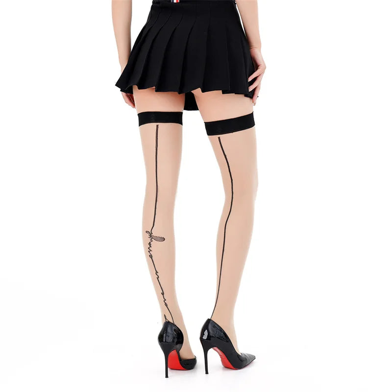 Thigh High Stocking for Women Back Seam Lace Edge Stocking Black Lines Music Notation Over Knee Sock
