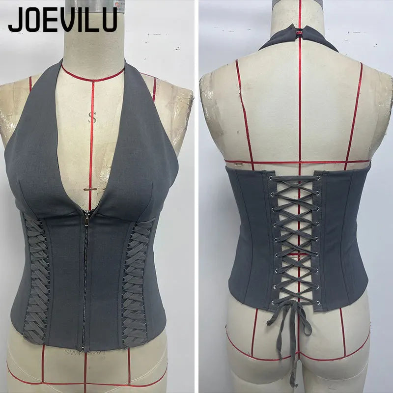Sexy Y2K Halter Corset Tops Women Boning Deep V Neck Bustier French Style Waist Cincher Back Tie & Zip Closure Hot Clubwear Cute