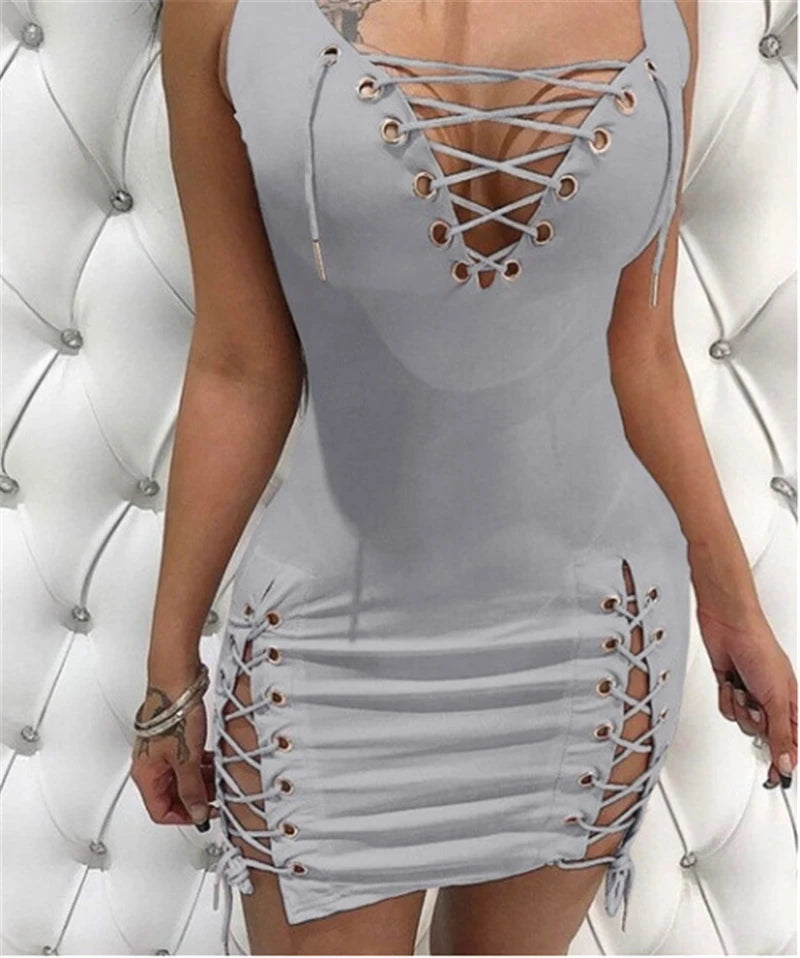 Womens Dresses 2025 New Summer Solid Color Deep V-neck Sexy Slim Fit Eyelet Lace Up Sleeveless Casual Daily Mini Dress