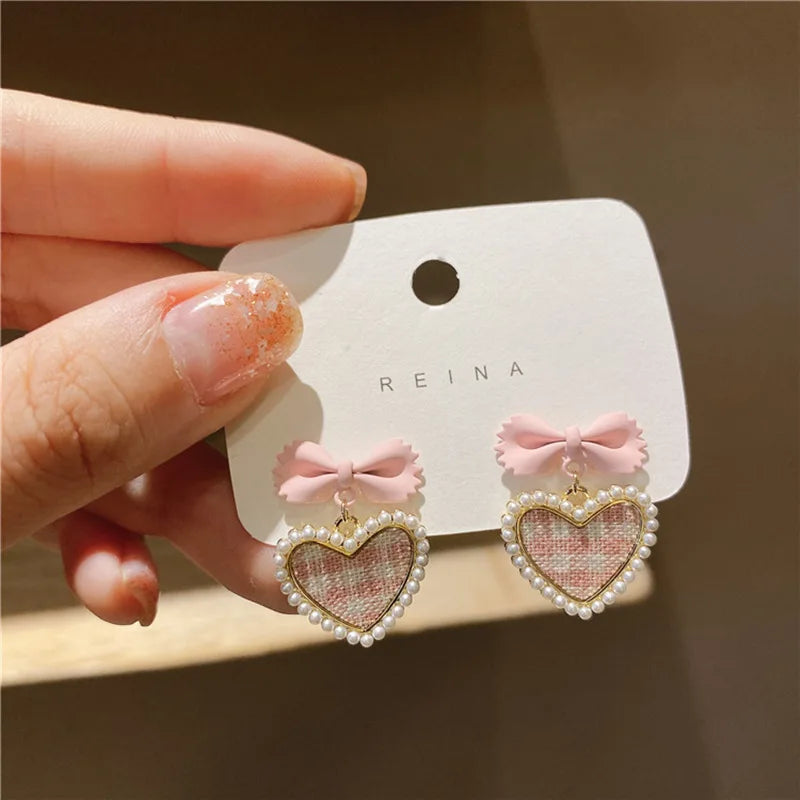 Pink Bow & Plaid Heart Drop Earrings