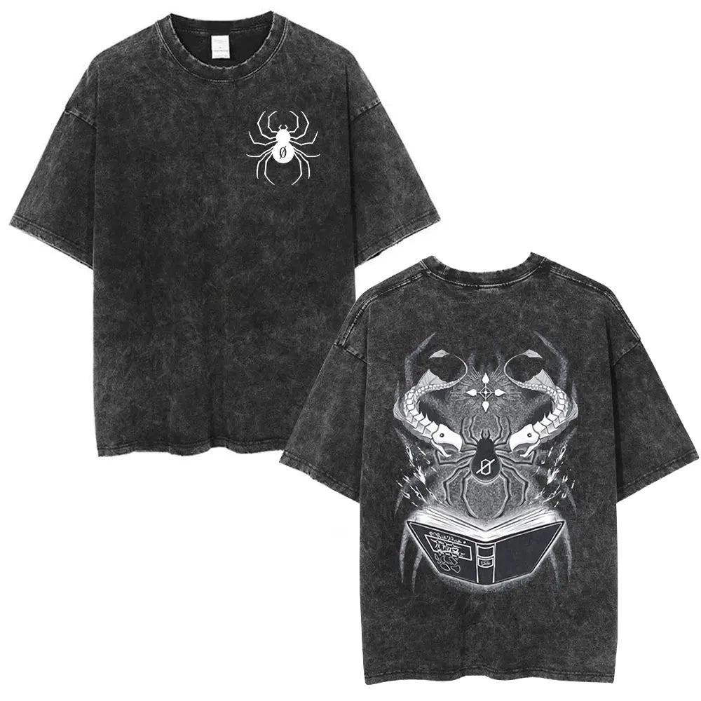 Anime Hunter X Hunter Logo Vintage Washed T Shirt Killua Gon Cherry Blossom Graphic T-shirt Men Fashion Casual Oversized Tshirt